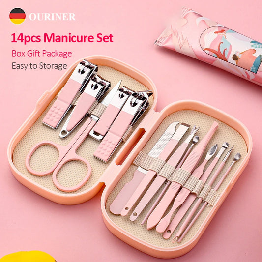 14 Piece Deluxe Manicure & Pedicure Set Pink And Blue Stainless Steel Nail Scissors, Clippers, Ear Digging Spoon for Men & Women