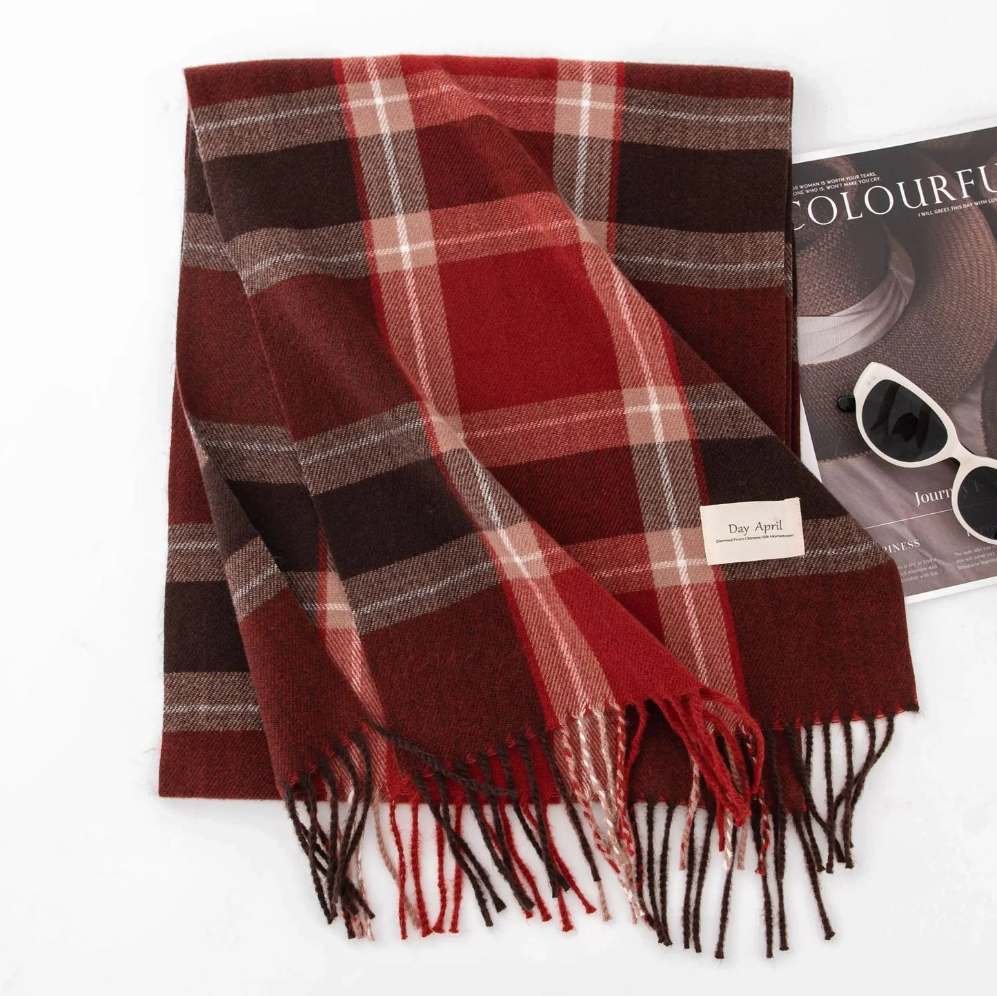 1PCS Winter Scarf for Women Red Green Plaid Scarf w/fringe Tartan Cashmere Feel Pashmina Shawl Soft Warm Chunky Scarves