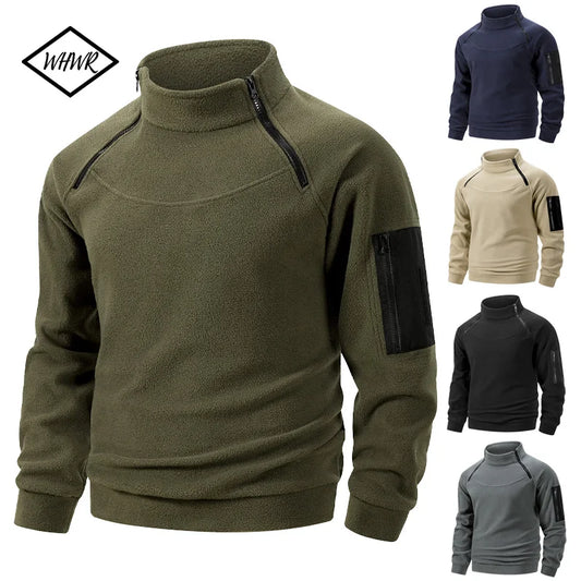 2025 Men's Polar Fleece Outdoor Warm Breathable Tactical Zipper Standing Neck Long Sleeves Casual Solid Color Sweatshirt S-XXXL