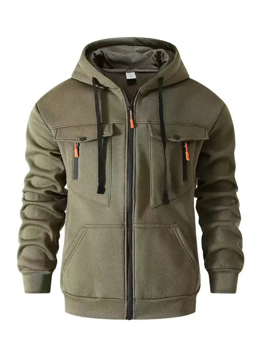 2025 European size autumn and winter men's hoodie with multiple pockets, casual trend, zipper pullover, hooded sweatshirt, sport