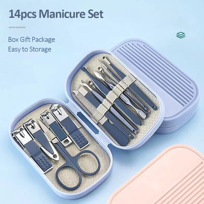 14 Piece Deluxe Manicure & Pedicure Set Pink And Blue Stainless Steel Nail Scissors, Clippers, Ear Digging Spoon for Men & Women