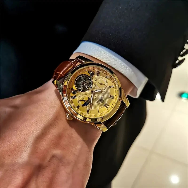 [24 Hollow Tourbillon Watch] Hollow Tourbillon Mechanical Watch with Commercial Style - Men's Skeleton Design, 24 Hours, Hollow Design, Round Alloy Case, Automatic Wrap, No Batteries, First Choice Gift with Watches.