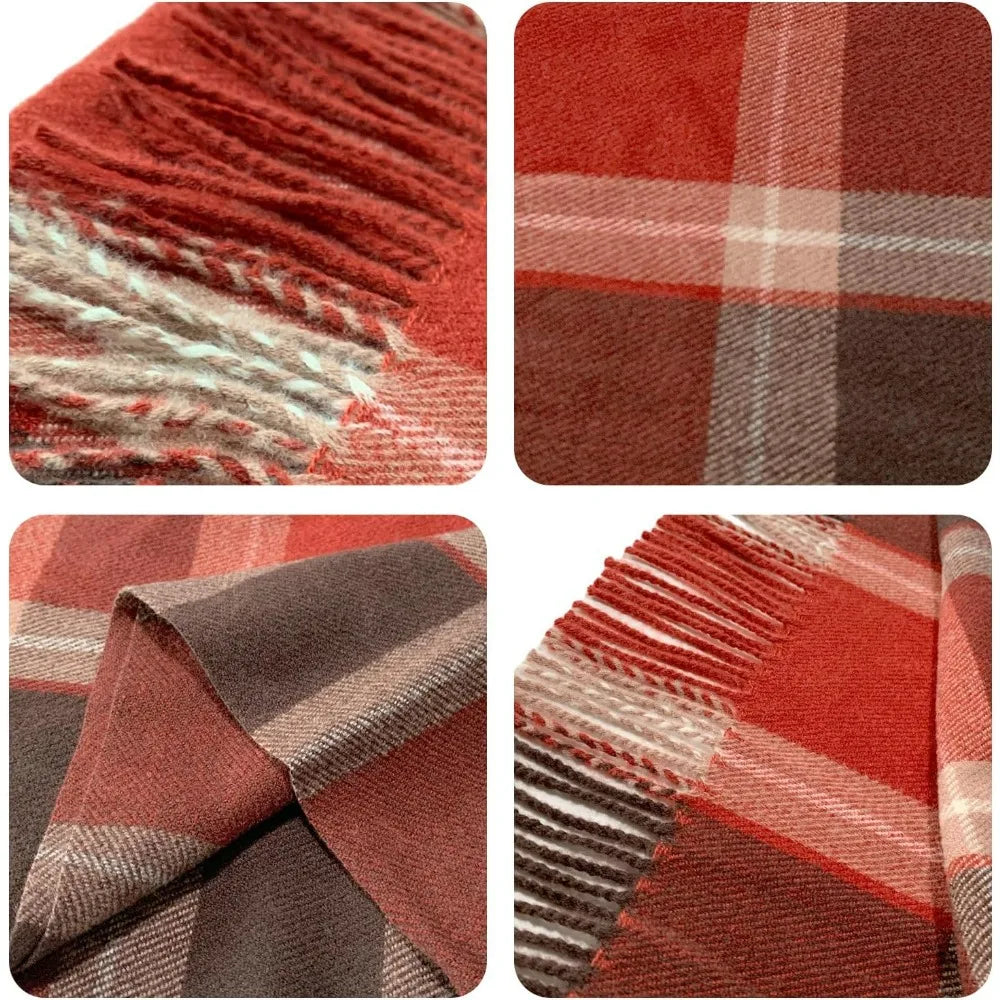 1PCS Winter Scarf for Women Red Green Plaid Scarf w/fringe Tartan Cashmere Feel Pashmina Shawl Soft Warm Chunky Scarves
