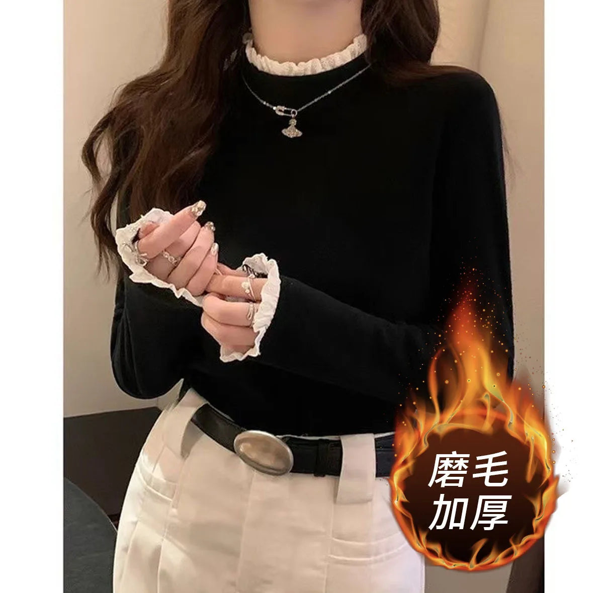 1pcs Women Autumn Winter Long-sleeve T-shirt Lady Thermal Underwear Girl Thick Velvet Fashion Lace Decoration Half Mock Neck Top