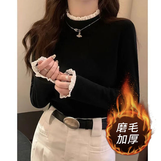 1pcs Women Autumn Winter Long-sleeve T-shirt Lady Thermal Underwear Girl Thick Velvet Fashion Lace Decoration Half Mock Neck Top