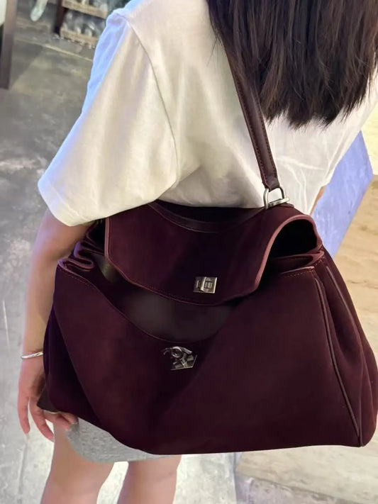 25 New Soft Suede Tote Bag Large Capacity Frosted Cowhide Lock Bag Women's Crossbody Shoulder Bag