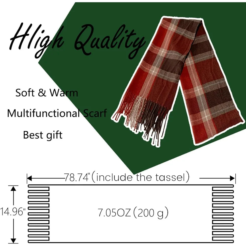 1PCS Winter Scarf for Women Red Green Plaid Scarf w/fringe Tartan Cashmere Feel Pashmina Shawl Soft Warm Chunky Scarves
