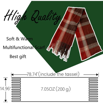 1PCS Winter Scarf for Women Red Green Plaid Scarf w/fringe Tartan Cashmere Feel Pashmina Shawl Soft Warm Chunky Scarves