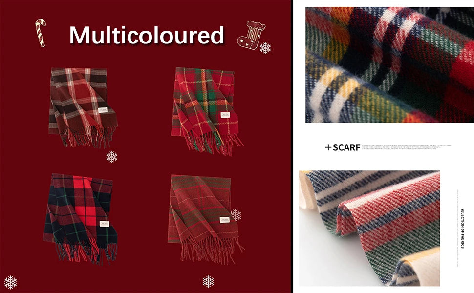 1PCS Winter Scarf for Women Red Green Plaid Scarf w/fringe Tartan Cashmere Feel Pashmina Shawl Soft Warm Chunky Scarves