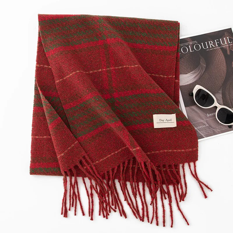 1PCS Winter Scarf for Women Red Green Plaid Scarf w/fringe Tartan Cashmere Feel Pashmina Shawl Soft Warm Chunky Scarves