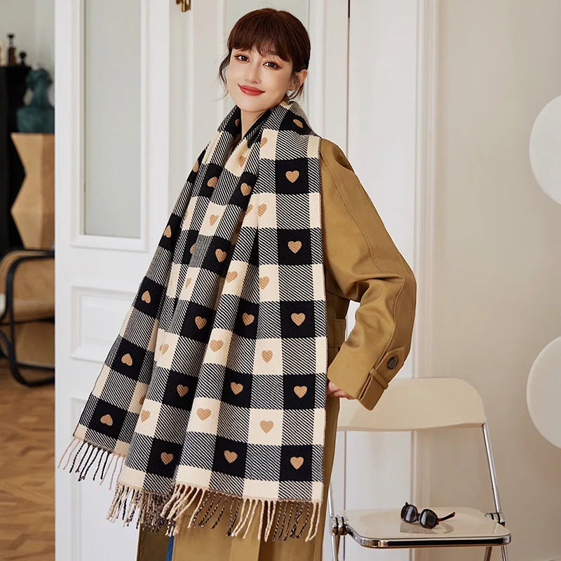 1 Women's Autumn and Winter Heart-Patterned Scarf, Women's Plaid Comfortable Scarf, Thick Large Blanket Shawl Scarf