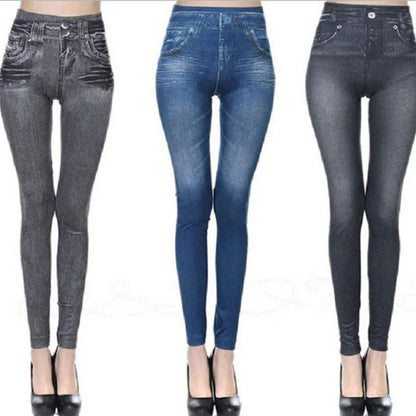 1pcs Women's Denim Print Leggings Females Fashion Slim Leggings Faux Jeans Leggings Lady Stretch Printed Tights Black Blue Pants