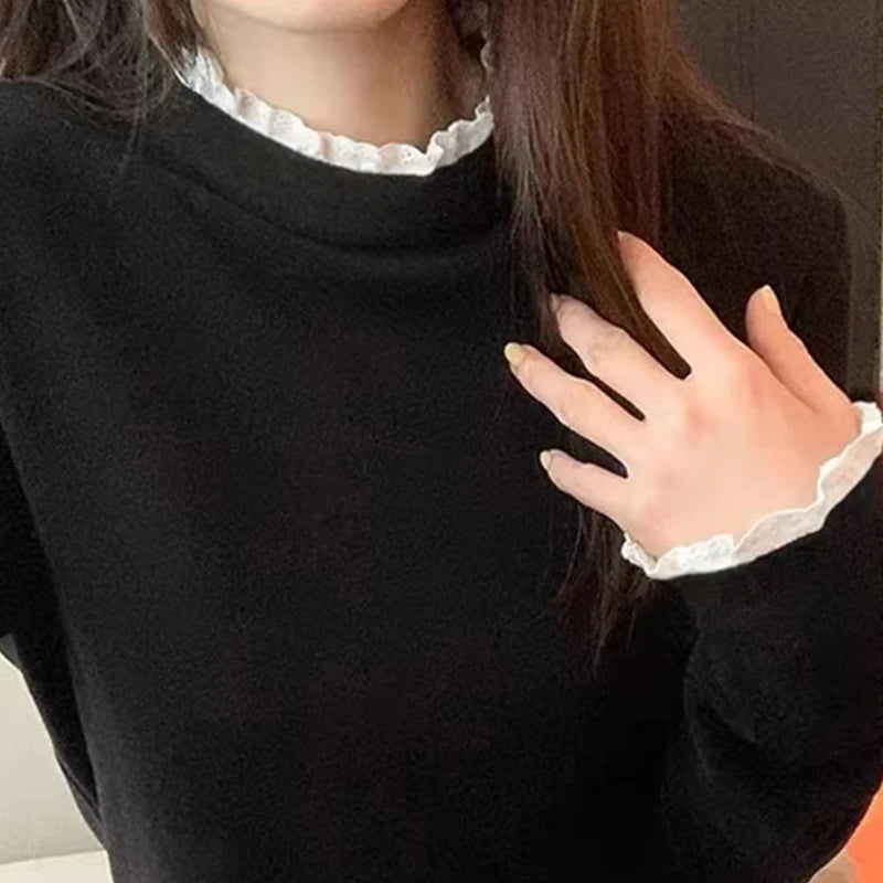 1pcs Women Autumn Winter Long-sleeve T-shirt Lady Thermal Underwear Girl Thick Velvet Fashion Lace Decoration Half Mock Neck Top