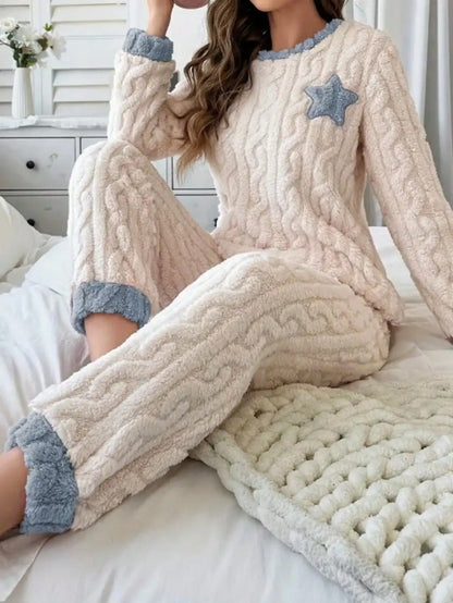 2-piece set of women's autumn and winter pajamas, thick pants, round-neck embroidered five-pointed star, cute cartoon warm suit