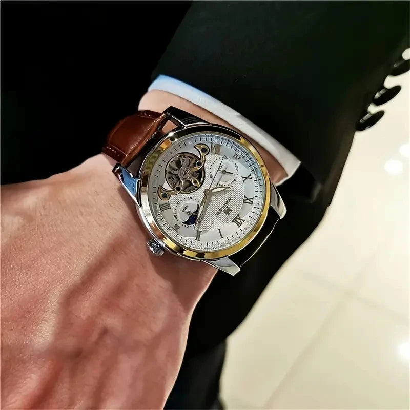 [24 Hollow Tourbillon Watch] Hollow Tourbillon Mechanical Watch with Commercial Style - Men's Skeleton Design, 24 Hours, Hollow Design, Round Alloy Case, Automatic Wrap, No Batteries, First Choice Gift with Watches.