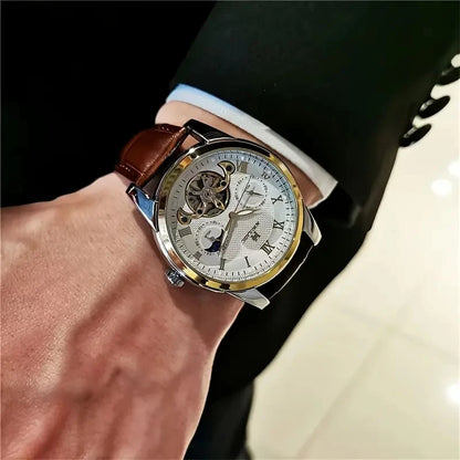[24 Hollow Tourbillon Watch] Hollow Tourbillon Mechanical Watch with Commercial Style - Men's Skeleton Design, 24 Hours, Hollow Design, Round Alloy Case, Automatic Wrap, No Batteries, First Choice Gift with Watches.