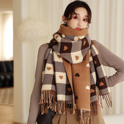 1 Women's Autumn and Winter Heart-Patterned Scarf, Women's Plaid Comfortable Scarf, Thick Large Blanket Shawl Scarf