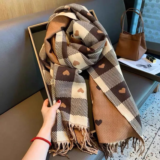 1 Women's Autumn and Winter Heart-Patterned Scarf, Women's Plaid Comfortable Scarf, Thick Large Blanket Shawl Scarf