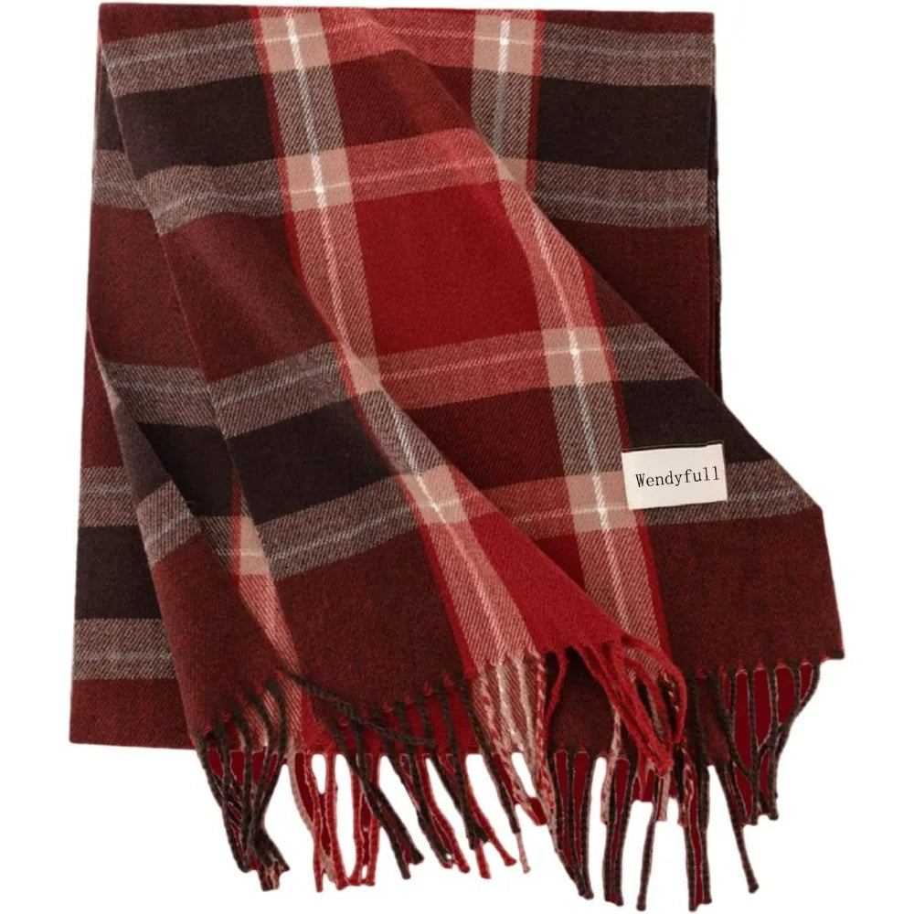 1PCS Winter Scarf for Women Red Green Plaid Scarf w/fringe Tartan Cashmere Feel Pashmina Shawl Soft Warm Chunky Scarves
