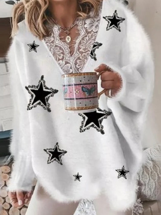 Women's V Neck Long Sleeve Sweater Casual Loose Fit Pullover Sexy Zipper Warm Knit Printed 2024 Fashion Trend for Women