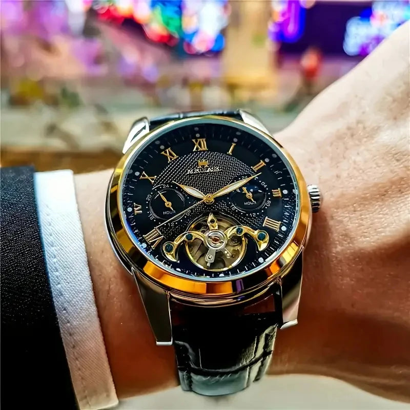 [24 Hollow Tourbillon Watch] Hollow Tourbillon Mechanical Watch with Commercial Style - Men's Skeleton Design, 24 Hours, Hollow Design, Round Alloy Case, Automatic Wrap, No Batteries, First Choice Gift with Watches.