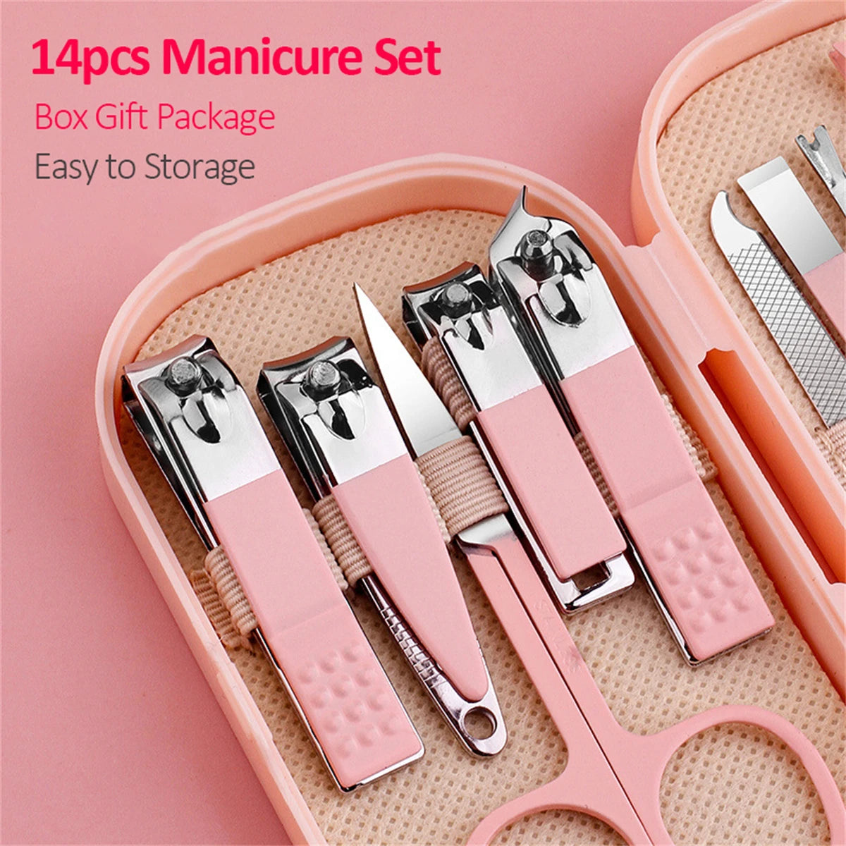 14 Piece Deluxe Manicure & Pedicure Set Pink And Blue Stainless Steel Nail Scissors, Clippers, Ear Digging Spoon for Men & Women