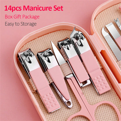 14 Piece Deluxe Manicure & Pedicure Set Pink And Blue Stainless Steel Nail Scissors, Clippers, Ear Digging Spoon for Men & Women