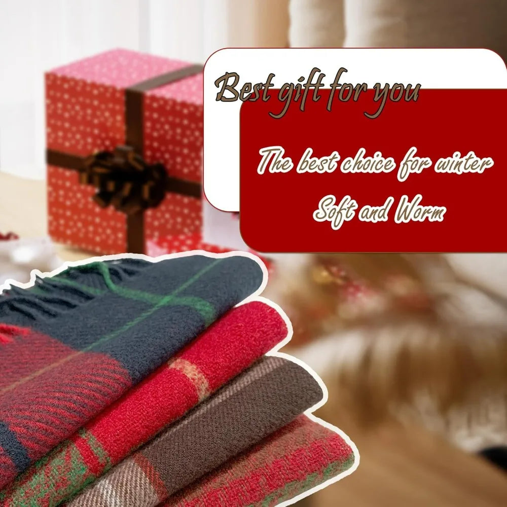 1PCS Winter Scarf for Women Red Green Plaid Scarf w/fringe Tartan Cashmere Feel Pashmina Shawl Soft Warm Chunky Scarves