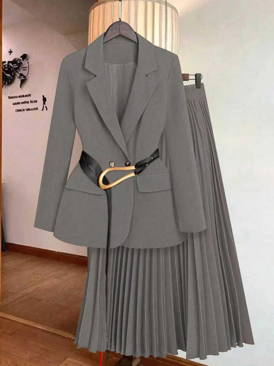 Women's Two-Piece Set, Skirt & Blazer Jacket (no Belt), Casual Plain Design, All-Season Wear, Fitted Style, Moderate Fabric Thic