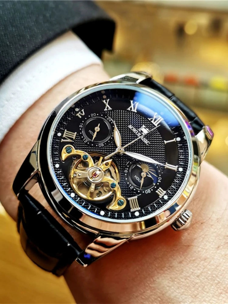 [24 Hollow Tourbillon Watch] Hollow Tourbillon Mechanical Watch with Commercial Style - Men's Skeleton Design, 24 Hours, Hollow Design, Round Alloy Case, Automatic Wrap, No Batteries, First Choice Gift with Watches.