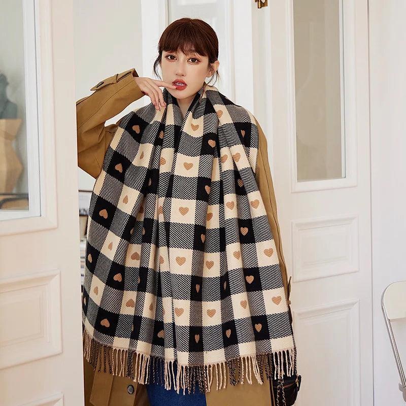 1 Women's Autumn and Winter Heart-Patterned Scarf, Women's Plaid Comfortable Scarf, Thick Large Blanket Shawl Scarf